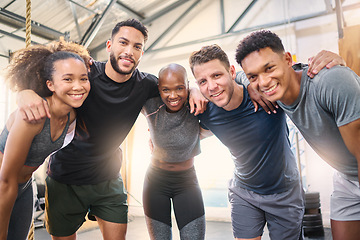 Image showing Men, women or diversity fitness team gym workout or training in heart health exercise, body wellness or muscle growth. Friends portrait, happy smile or sports people in community support group huddle