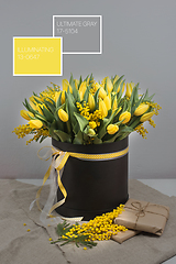 Image showing Bright spring bouquet of tulips and mimosa flowers