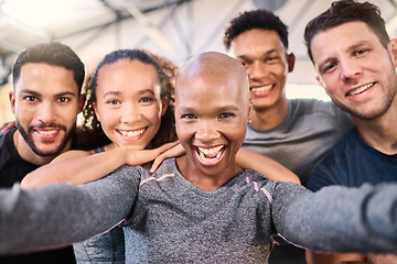 Image showing Fitness club selfie, group and portrait for gym diversity, happy and smile together for teamwork. Healthy people, workout team and multicultural photo for health, wellness and exercise with happiness