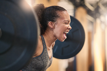 Image showing Fitness, bodybuilder and shouting with a sports black woman weightlifting in a gym for a strong body. Exercise, health and training with a female athlete shouting while lifting weights for a workout