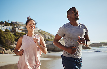 Image showing Fitness, beach and running black couple training, workout and exercise for cardiovascular wellness with freedom. Happy, runners and African woman loves doing sports activities with a healthy partner