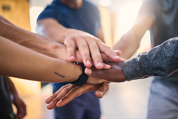 Image showing Hand together, teamwork and community of business diversity, company team and support. Office employee group with hands in to show collaboration, trust and motivation for corporate job success