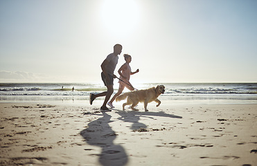 Image showing Couple, beach and running with dog for health, wellness or exercise. Mock up, diversity and man, woman and animal outdoors on sports run, exercising or workout jog on sandy seashore or ocean coast.