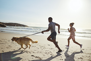 Image showing Couple, fitness or running with dog on beach exercise, training or workout by water waves, ocean or California sea with Golden Retriever. Woman, man and runner people with pet animal in nature sports