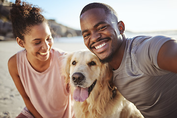 Image showing Black couple, dog selfie and beach with happy woman, man and pet on the beach and sand. Portrait of a boyfriend and girlfriend with a golden retriever animal on a summer holiday by the ocean and sun
