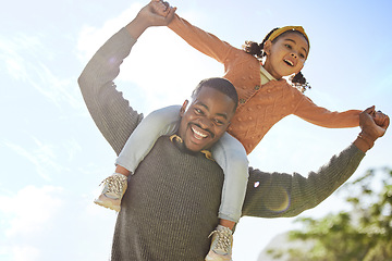 Image showing Dad, play and child park with a father and girl together having fun bonding in nature. Summer adventure, family garden time and parent love of a man and happy kid with freedom, youth and blue sky