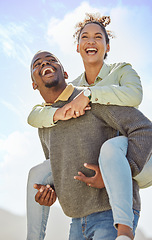 Image showing Piggyback, laugh and and love with a black couple having fun together outdoor during a summer day. Dating, romance and carefree with a man carrying a woman on his back outside on holiday or vacation