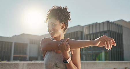 Image showing Happy, fitness and stretching with a healthy woman ready for training outdoor during summer. Smile, health and exercise with a young female athlete going through her warmup routine for workout