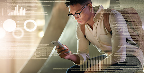 Image showing Futuristic man, data hologram and phone information of a black man looking at mobile software. Analytics information, big data and cyber security research of a digital it student hacker coding