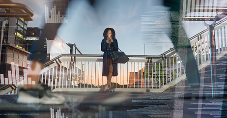 Image showing Woman, phone and double exposure hologram in city at sunset. Data overlay, digital transformation and female on smartphone ux or 5g mobile, social media or web browsing, iot and future communication.