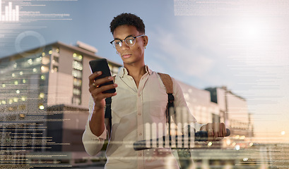 Image showing Hologram, man and futuristic phone communication with travel technology, trendy and edgy outdoor. Digital connection, future innovation and male with online research, connect and smartphone in city.