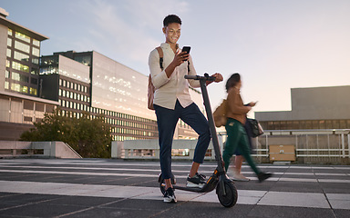 Image showing Scooter, man with smartphone and sustainable city travel, eco friendly transport and college commute sustainability. University student, town at night and social media on phone with electric scooter