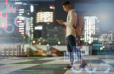 Image showing Double exposure, phone and man trading with cryptocurrency or hacking online with 5g network in night city with urban buildings. Gen z African trader with smartphone for data analytics app overlay