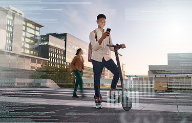 Image showing Hologram, man and phone for travel, futuristic communication and trendy technology for commute with scooter. Digital connection, male and search online for innovation and social media on smartphone.