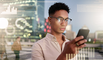 Image showing Phone, city and data with a business black man using his mobile to manage information in the digital world. Finance, software and programming with a male developer using 5g mobile technology in town