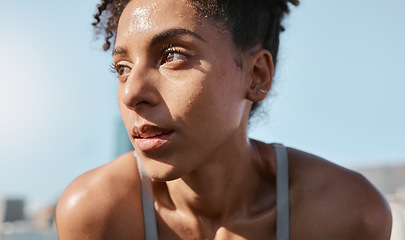 Image showing Face, sweat and fitness with a sports black woman tired after a cardio workout for fitness in the city. Running, exhausted and sweating with a female athlete or runner resting after exercise in town