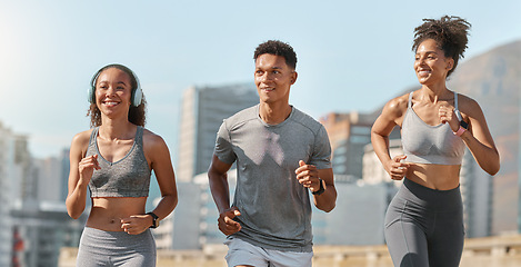 Image showing Group, city run and friends running for fitness exercise, summer runner workout and cardiovascular health together. Black people, training for marathon and a competitive sports wellness race in town