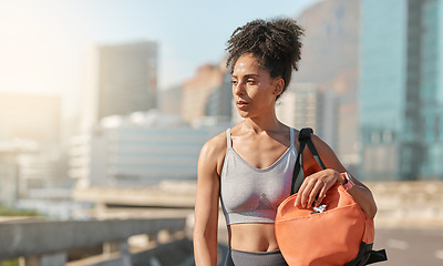 Image showing Fitness, health and sports bag with black woman in city for workout, training and running. Summer, runner and cardio with girl athlete in urban road for calm, focus and relax after exercise