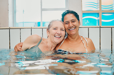Image showing Swimming pool and senior women in portrait for holiday summer, vacation and having fun together with love, hug and happy retirement. Diversity elderly or old woman friends swimming in water pool