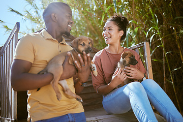 Image showing Couple, love and bonding with puppy dogs in animal shelter, adoption center of volunteer community charity for canines. Smile, happy or black woman and man with animal pets for foster care in garden