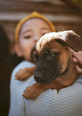 Image showing Dog, playing and child at a shelter for adoption, love and care with a pet in nature. German shepherd, happy and girl holding a young puppy at a park to play, fun and relax with bokeh background