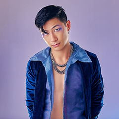 Image showing Cyberpunk, makeup and Asian man with fashion for rock, metal identity and futuristic clothes. Freedom, cosmetics and portrait of a young creative rock model with luxury clothing and funky, cool style