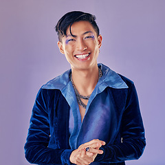 Image showing Fashion, punk makeup and Asian man in studio isolated on a purple background. Beauty portrait, lgbtq and cyberpunk male model from Japan with lip cosmetics, jewelry ring or designer jacket outfit.