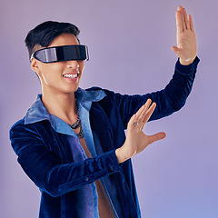 Image showing VR in digital gaming, asian man with future IT technology and UI software in 3d cyber application. Creative innovation for happy gamer, futuristic metaverse for vision and virtual reality ux design