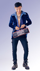 Image showing Fashion, makeup and radio with an lgbt man model in studio on a purple background for gay pride or music. Style, trendy and transgender with an androgynous male listening to audio in fancy clothes