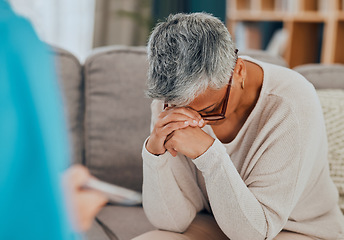 Image showing Senior woman, support and mental health on sofa in therapy or counseling help for depression, anxiety and healthcare. Psychologist appointment, sad female on couch or consulting in psychology office