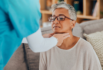 Image showing Healthcare, check neck and doctor consultation with patient, home visit and medical examination on throat and health. Mature woman sick, inflammation or infection, medicine and doctor appointment.