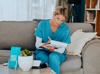 Image showing Medical, sofa and nurse writing notes in living room at home care with insurance paperwork. Professional, work and healthcare professional doing analysis on nursing results, documents or information.