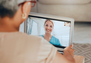 Image showing Telehealth, covid and tablet with doctor and patient for consulting, checkup or conversation for health, advice or talk. Healthcare, medical professional or senior woman video call, help or in lounge