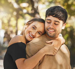 Image showing Love, couple and hug being happy, smile and romantic for relationship, bonding and outdoor together. Romance, man and woman embrace, being loving and connect for happiness, passion and content.