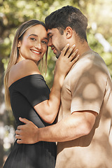 Image showing Love, couple and smile together, happy and outdoor being loving, bonding and embrace. Romance, man and woman with hug, happiness for relationship and dating with quality time, romantic and affection.