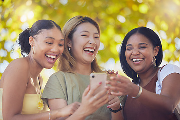 Image showing Women, friends and happy phone social media with funny meme, news or online gossip in Los Angeles. Comic, fun and interracial people bond with social network communication for laughing
