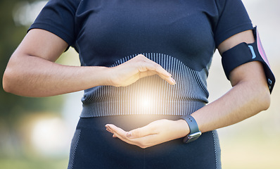 Image showing Fitness, health and light hologram in hands to show healthy wellness, workout and sport lifestyle. Calm sports, wellness and training woman outdoor with a projection in hand to show athlete peace