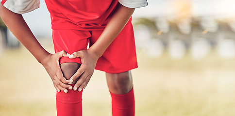 Image showing Sport, knee injury and soccer player on field, fitness and athlete have pain with exercise and medical emergency. Soccer, accident in game and sports training, muscle ache and active lifestyle.