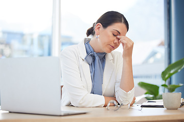 Image showing Stress, burnout and healthcare with a doctor woman suffering from a headache while working on a laptop in a hospital. Mental health, medicine and medical with a female health professional in a clinic