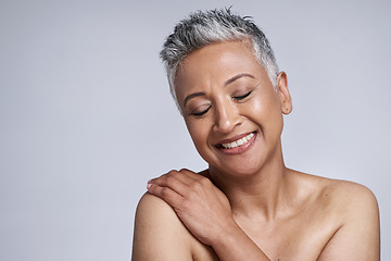 Image showing Skincare, face and senior woman with eyes closed in studio on a gray background mockup. Makeup, aesthetics and cosmetics of mature female model feeling happy for glowing and healthy skin mock up.