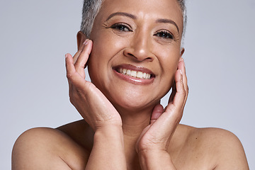 Image showing Skincare, health and wellness of senior woman, face and beauty against a grey studio background. Dermatology, smile and cosmetics model in retirement with care for skin, cosmetology and happiness