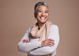 Image showing Happy elderly woman, smile and arms crossed in satisfaction for dental care against a studio background. Portrait of senior female smiling with teeth for oral, mouth or gum care hygiene on mockup