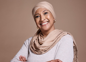 Image showing Hijab, woman and smile portrait of an islamic model with beauty, skincare and skin wellness. Happy, cosmetic and face of a muslim, arab and saudi person with a smile about culture and cosmetics