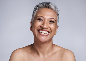 Image showing Beauty, skincare and portrait of senior woman in studio for healthy glow, natural cosmetics and wellness mock up marketing. Big smile, happy face and elderly or old woman model for dermatology