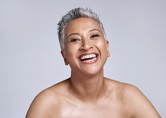 Image showing Skincare, glow and senior woman in a studio portrait happy with facial cosmetics, healthy skin and natural makeup for retirement wellness. Smile face of an elderly or old woman model for dermatology