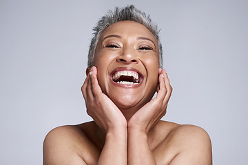 Image showing Happy, smile or skincare of senior woman in studio portrait for health, botox or natural cosmetic routine treatment. Skin facial or comic elderly model with self care, glow or plastic surgery beauty