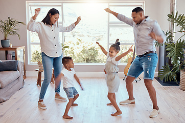 Image showing Family, dance and house for freedom and carefree fun bonding while being playful, silly and goofy. Playing, mother and father dancer and dancing with children, brother and sister in family home