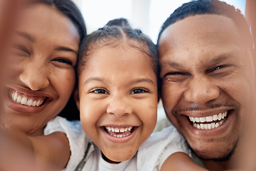 Image showing Face, selfie smile and black family in home, bonding and having fun. Love, care and girl, father and mother taking picture for happy memory, social media or online post while enjoying time together.