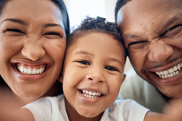 Image showing Selfie, face smile and black family in home bonding, taking photo and enjoying time together. Portrait, love and picture of girl, father and mother for happy memory, social media or online post.