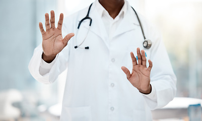 Image showing Doctor, healthcare and hands touch user interface, connection and digital transformation research, network and future innovation in hospital. Closeup of medical worker press fingers to virtual system